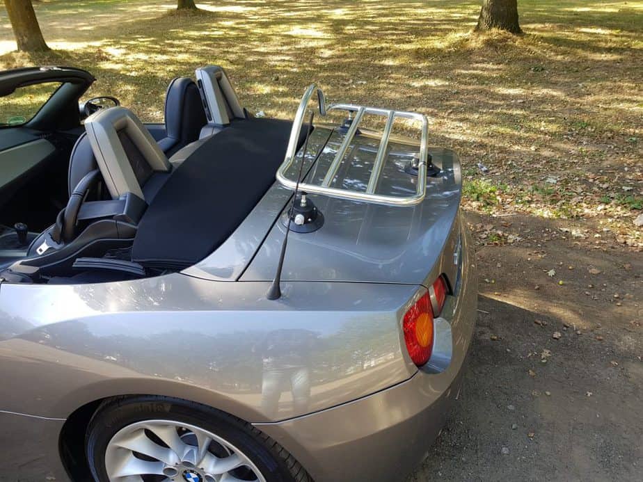 silver bmw z4 e89 2002 2008 model in silver with a revo-rack boot rack fitted