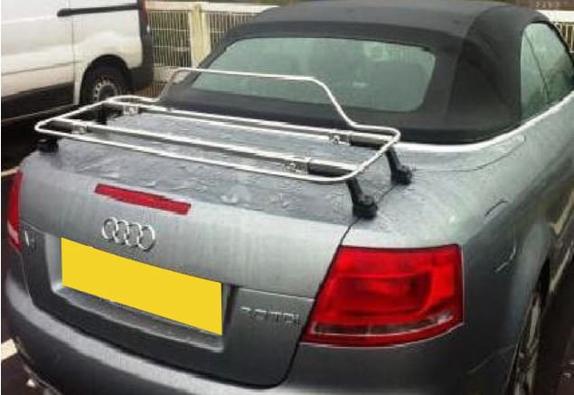 silver audi a4 convertible in the rain with a stainless steel boot rack fitted