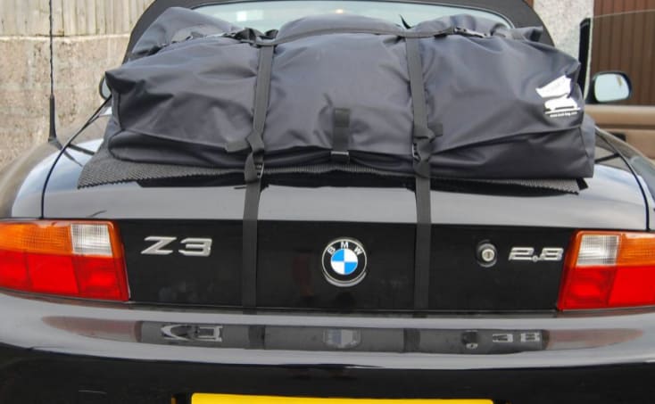 black bmw z3 2.8 with a boot-bag vacation boot rack fitted