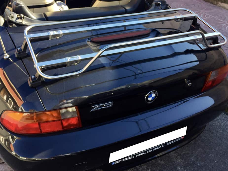close up of a stainless steel boot rack on a bmw z3