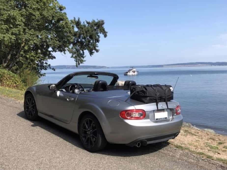 silver mazda mx5 mk3 roadster coupe folding roof with a boot-bag original boot rack fitted