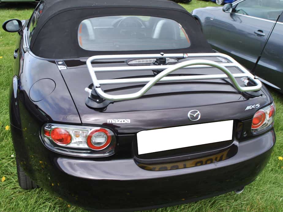 Dark Purple / Black mazda mx5 mk3 with a revo-rack stainless steel boot rack fitted