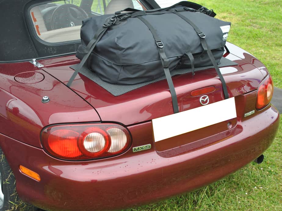 Burgundy mazda mx5 mk2 with a boot-bag boot rack fitted