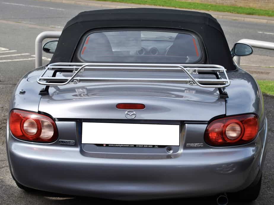 dark grey mazda mx5 mk2 with a stainless steel boot rack fitted