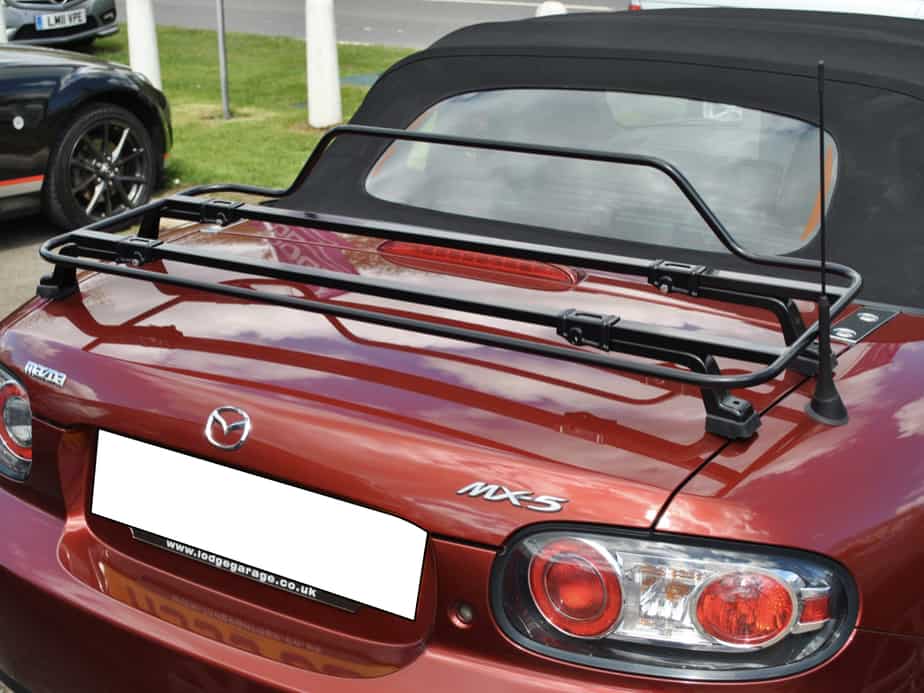 Burgundy MX5 MK3 with a black boot rack fitted 