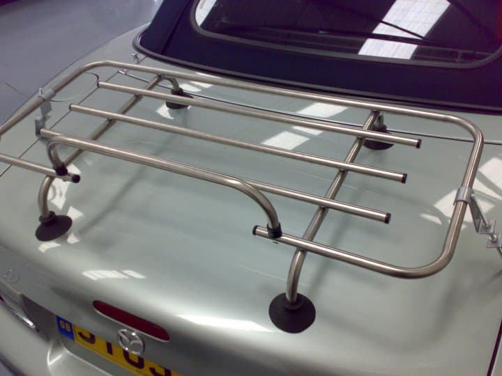 silver mazda mx5 mk1 with a classic chrome boot rack fitted