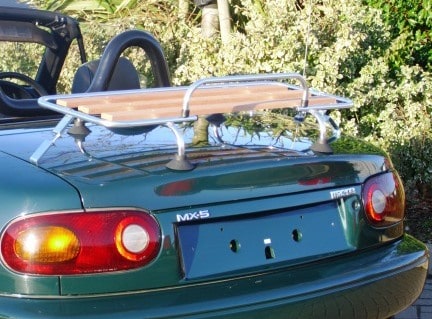 green mk1 mx5 with a classic wood boot rack fitted