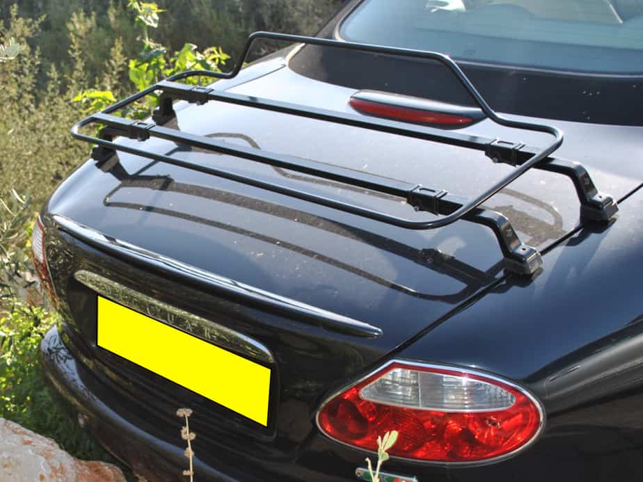 aerial view of a jaguar xk8 convertible's boot with a black boot rack fitted