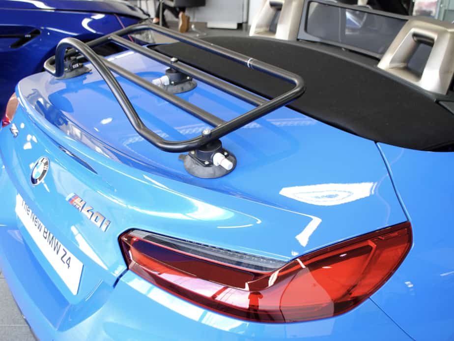 blue 3rd generation bmw z4 with a revo-rack boot rack fitted