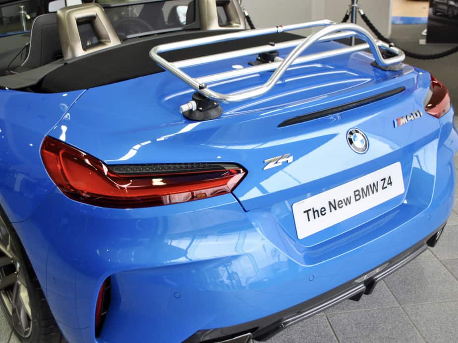 bright blue bmw z4 g29 m40i with a chrome boot rack fitted 