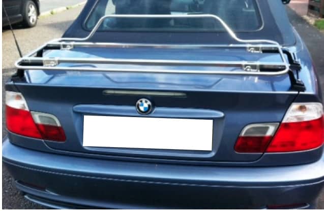 |blue bmw e46 3 series convertible with a stainless steel boot rack fitted