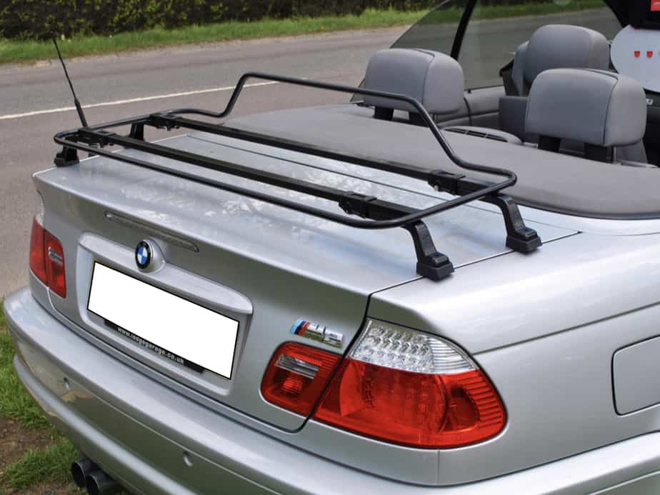 silver bmw m3 convertible with a black boot rack fitted
