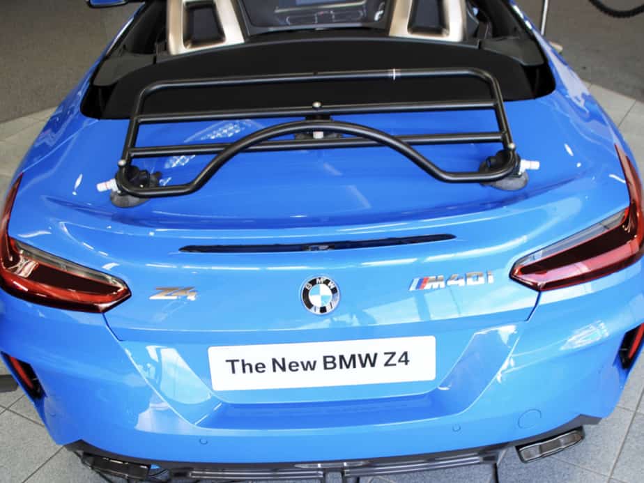 aerial view of a bmw z4 M40i in blue with a revo-rack black boot rack fitted