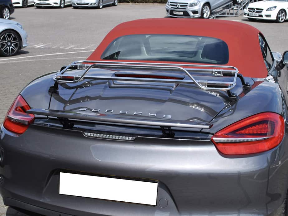 rear view of a 981 porche boxster in grey with a stainless steel boot rack fitted