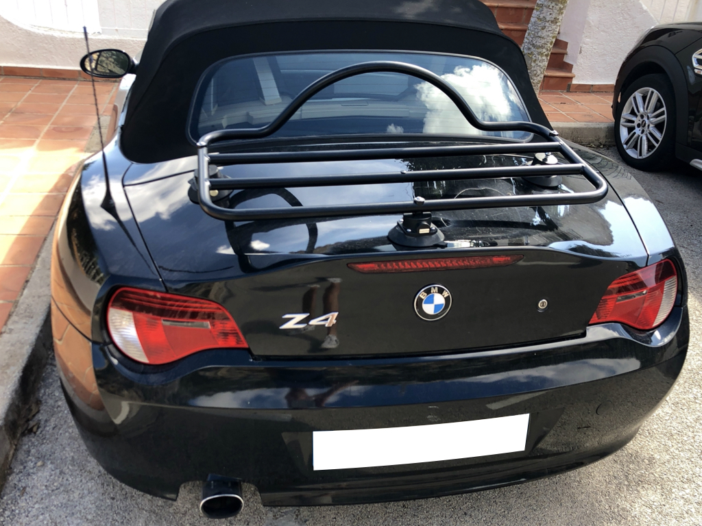 black bmw z4 with a revo-rack black luggage rack fitted to the boot